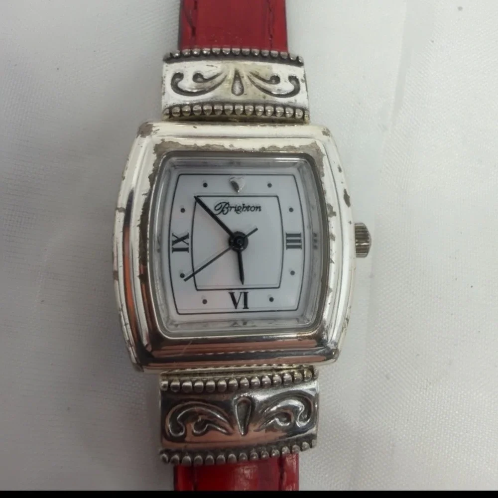 Brighton Waterford Watch Red Croc Leather Band Silver Scrollwork Square Face